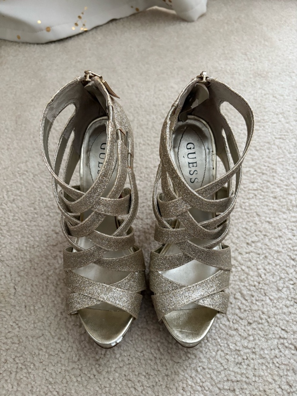 GUESS Gold Glitter Strappy High Heel Sandals